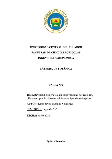 SOLUTION Tarea 2 Revisi N Bibliogr Fica Especies Vegetales Por