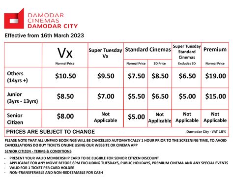 ADMISSION PRICES, DAMODAR CITY SUVA, Damodar Cinemas