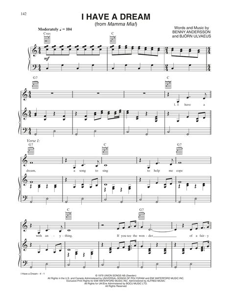 I Have A Dream From Mamma Mia By Abba Sheet Music For Piano Vocal