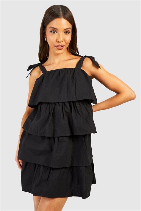 Cotton Poplin Tiered Smock Dress Boohoo Uk