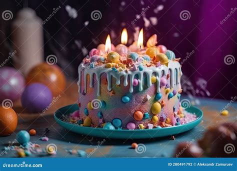 Colorful Birthday Cake With Sprinkles And Burning Candles Festive