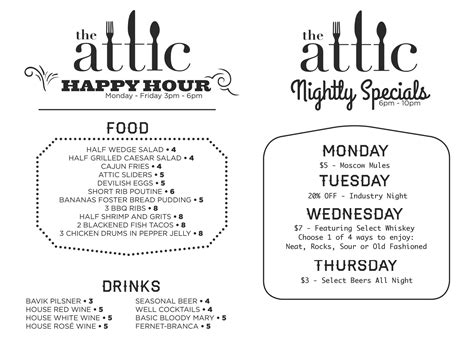 Menu The Attic On Broadway In 2021 Happy Hour Menu Cajun Fries Menu