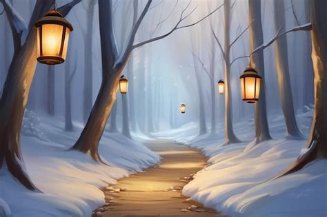 Premium Ai Image Serene Winter Forest Lanternlit Path To The New Year