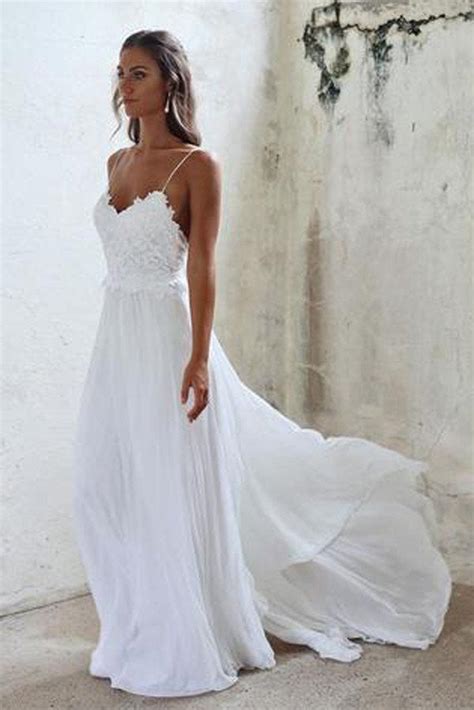 Beautiful A Line Lace Long White Spaghetti Straps Beach Wedding Dress