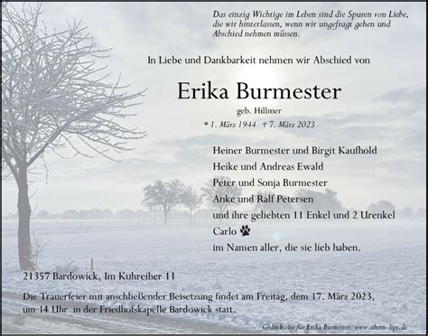 Traueranzeigen Von Erika Burmester Trauer L Neburg De