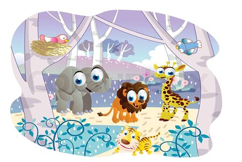 cartoon animals playing in a beautiful garden | Stock vector | Colourbox