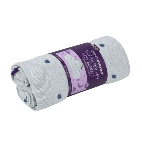 Clevamama Knitted Pom Pom Baby Blanket - Organic Cotton Blue | Cot ...