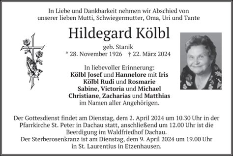 Traueranzeigen von Hildegard Kölbl trauer merkur de