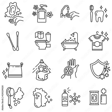 Hygiene Icons Set Compliance With Health And Purity Of The Body Thin