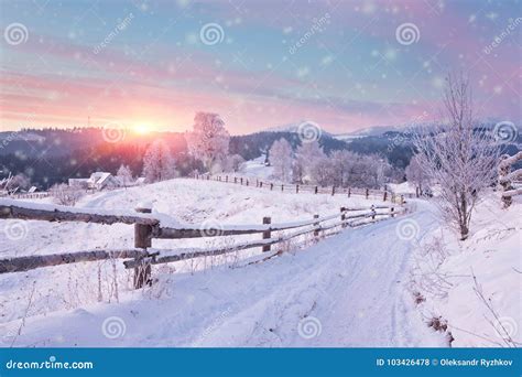 Winter Country Landscape With Timber Fence And Snowy Road Stock Photo