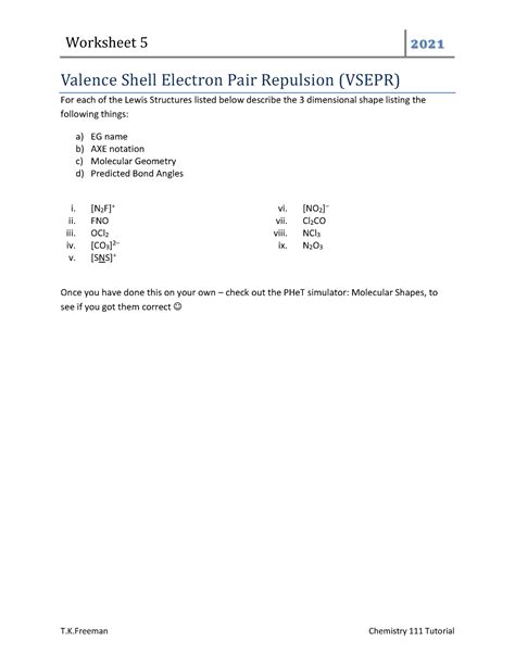 C111 TUT 05 2021 Valency Worksheet 5 2021 T K Chemistry 111