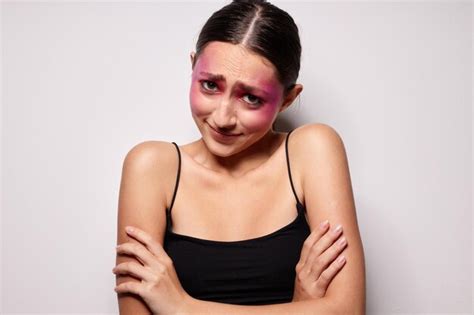 Premium Photo Sexy Brunette Woman Pink Face Makeup Posing Attractive Look Light Background