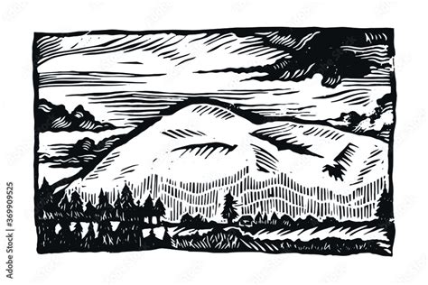 Linocut Landscape Illustration Of Nature Clouds And Mountains Linocut