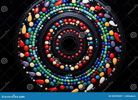 A Spiral Pattern Made With Multicolored Marbles On A Black Surface