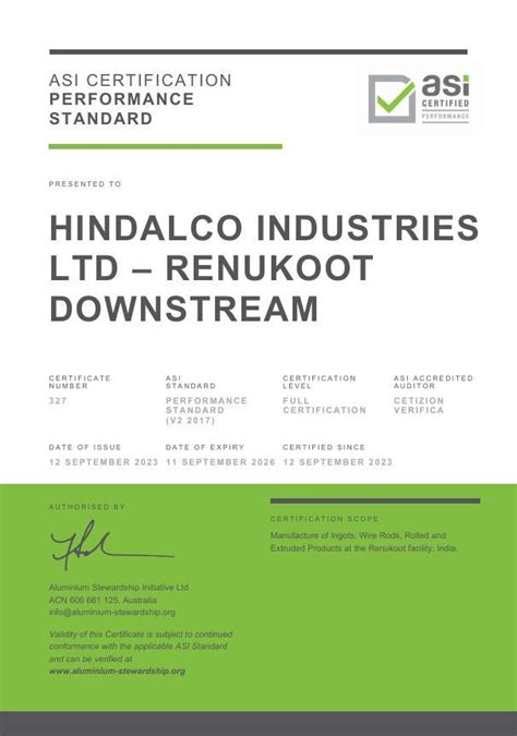 ASI certifies Hindalco Industries Ltd Renukoot Downstream facility against Performance Standard ...