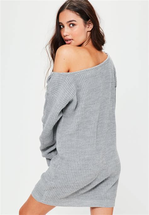 Missguided Grey Knitted Off Shoulder Jumper Dress In Gray Lyst