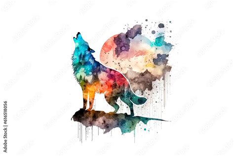 Wolf Howling At The Moon Painted With Watercolors Isolated On A White