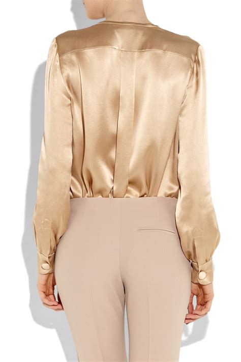 Chloé Pleated Silk Satin Blouse In Gold Camel Lyst