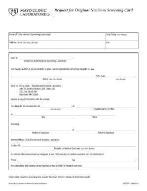 Fillable Online Mclrequest For Original Newborn Screening Cardmc