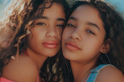 Closeup Of Two Curlyhaired Brunette Teen Girls Hugging Each Other