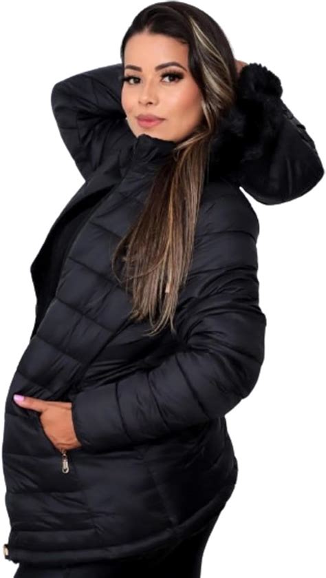 Jaqueta Parka Feminina Dupla Face Nylon Peluciada Preta Br Alfa Gg