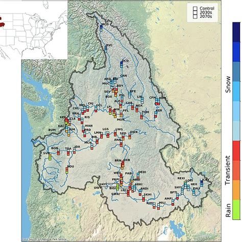 Map of the Columbia River basin and hydrologic regime ratios for the 75 ...