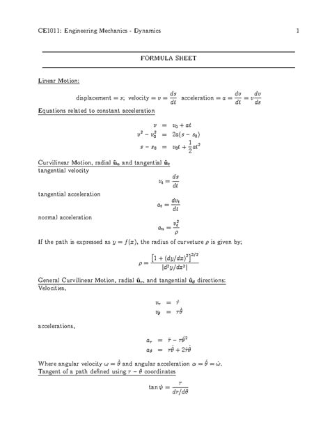 Formula Sheet Ce1011 Engineering Mechanics Dynamics 1 Formula Sheet