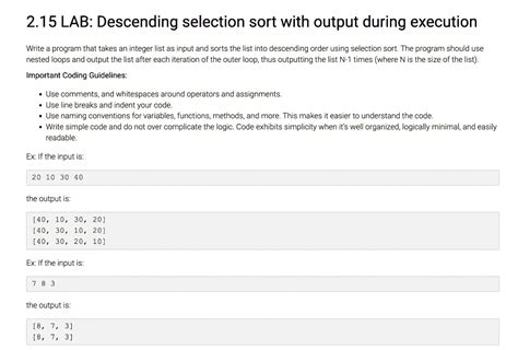 2 15 LAB Descending Selection Sort With Output During Execution Write