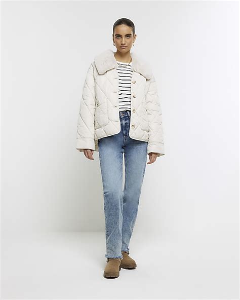 Cream Faux Fur Collar Padded Jacket River Island