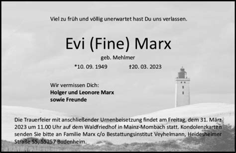 Traueranzeigen Von Evi Marx Vrm Trauer De