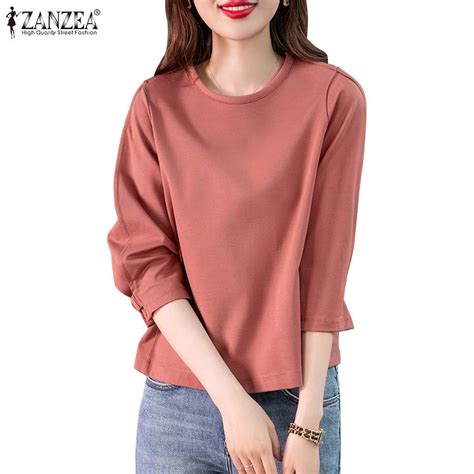 ZANZEA Women Korean Casual Pleated Solid Color Round Neck Loose Blouses