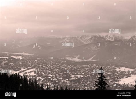 View of Zakopane and Tatra Mountains from Gubalowka in the winter in ...