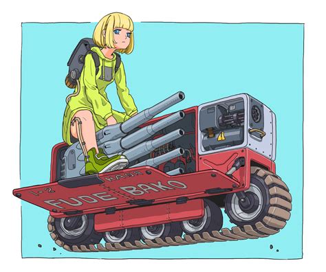 Safebooru 1girl Backpack Bag Blonde Hair Blue Eyes Cannon Caterpillar Tracks Gatling Gun