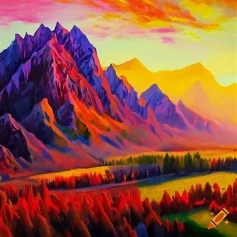Colorful Oil Painting Of A Mountain Landscape On Craiyon