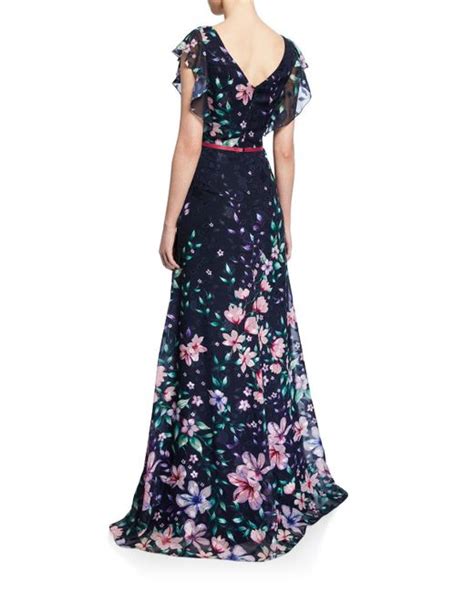 Marchesa Notte Floral Jacquard Chiffon Gown In Navy Blue Lyst