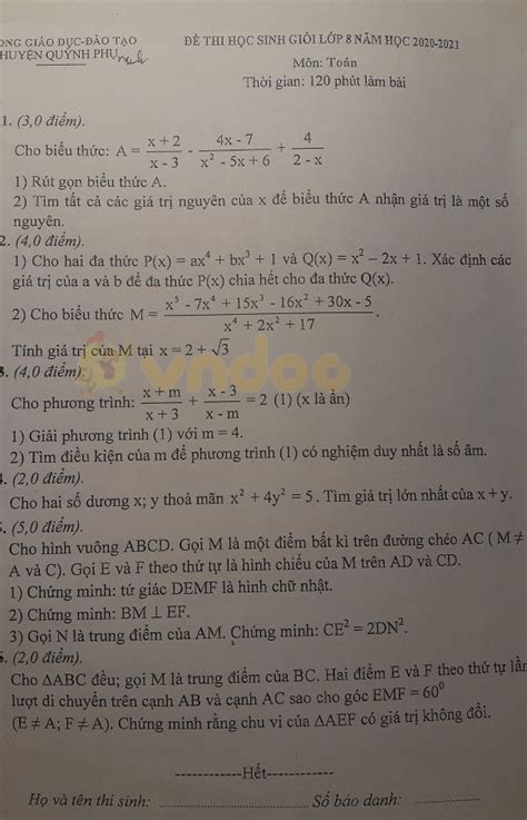 Đề thi học sinh giỏi lớp 8 môn Toán Phòng GD ĐT huyện Quỳnh Phụ năm