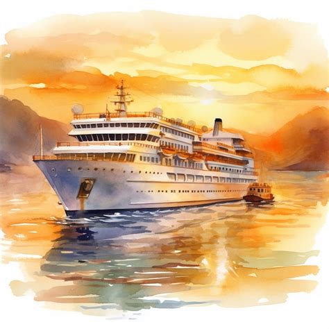 Pintura De Un Crucero En El Agua Con Un Atardecer De Fondo Ai