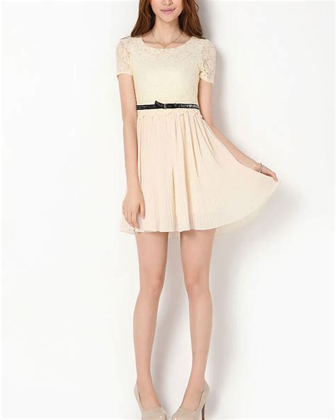 Beige Lace Chiffon Mini Dress Pleated Mini Dress On Luulla