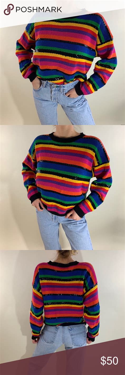 Vintage 80s Multi Colored Sequin Striped Sweater Funky Vintage 80s