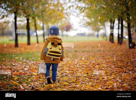 Hermoso Ni O Peque O De Moda Caminando En El Parque Con Linterna En La