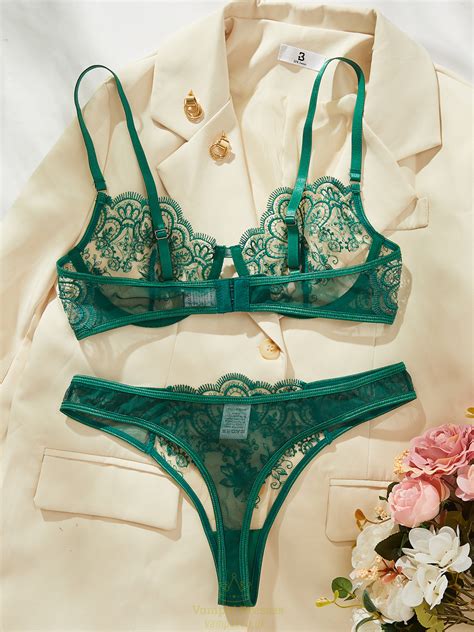 Black Women Floral Underwear Night Club Wear Heart Rhinestone See Through Lingerie Set Vampal