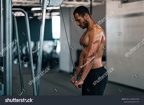 Shirtless Muscular Black Man Training Crossover Stock Photo 2185610369