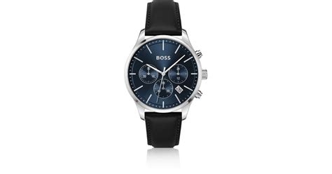 Boss Leather Strap Chronograph Watch With Blue Dial For Men Lyst Uk