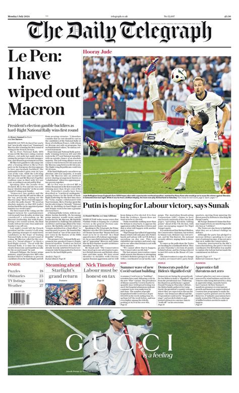 Daily Telegraph Front Page 1st Of July 2024 Tomorrows Papers Today