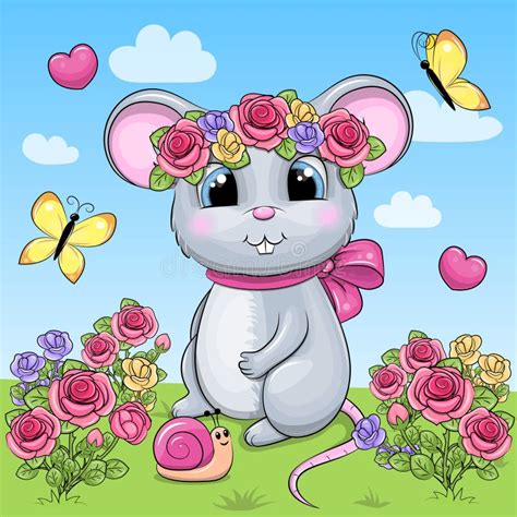 Mignonne Souris Caricaturale Avec Une Couronne De Fleurs Dans Un Jardin