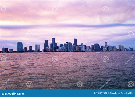 Miami Skyline Panoramic View Of Miami At Sunset Night Downtown Stock