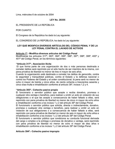 Ley Nro 28355 que modifica artículos del Código