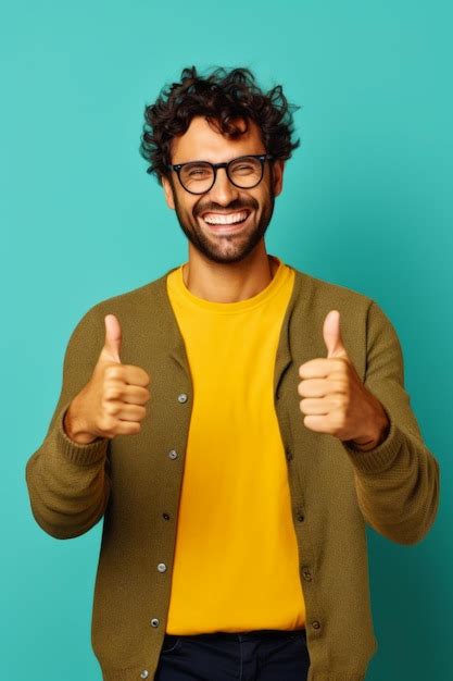 Premium Photo Man With Glasses Giving Thumbs Up In Front Of Blue Wall