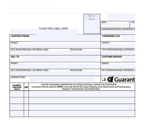 Printable Free Blank Straight Bill Of Lading Short Form Pdf