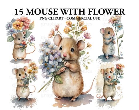 Mouse Holding Flowers Clipart Bundle Mouse Illustration Etsy Uk